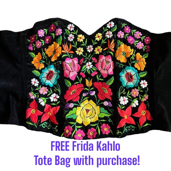 Tops - NEW Mexican Embroidered Floral Corset + FREE Frida Kahlo Tote Bag